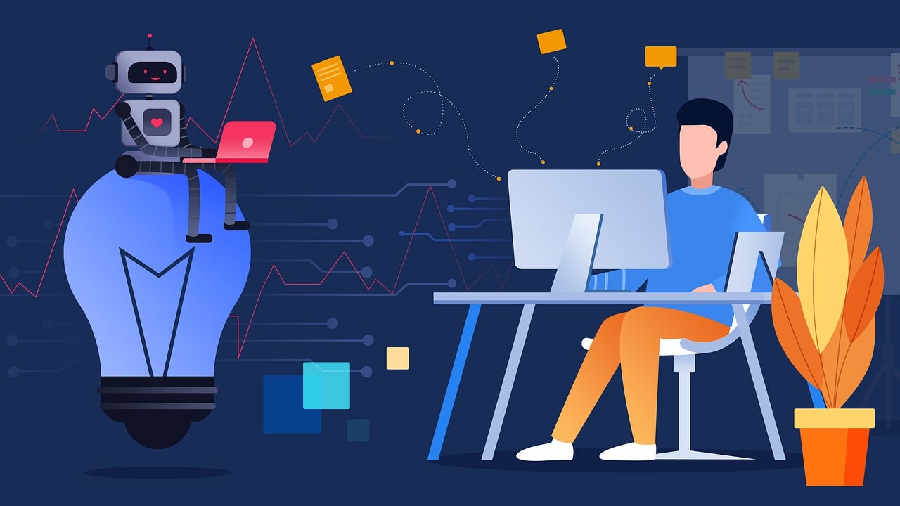 Artwork showing a designer working on web design on their desktop